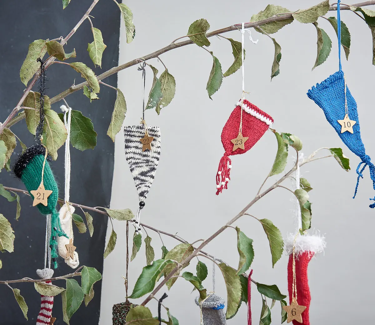 Kleine gestrickte Säckchen mit nummerierten Sternanhängern als Adventskalender in den Zweigen