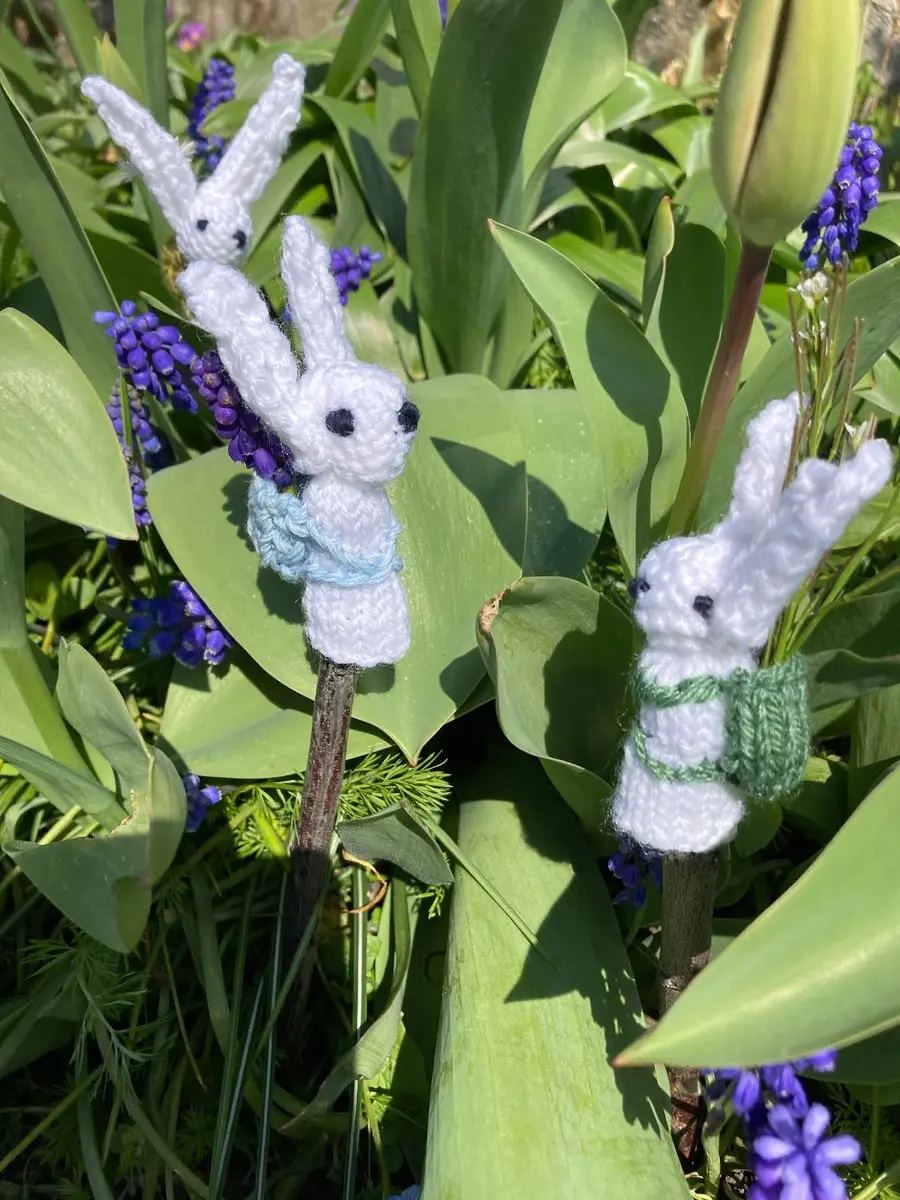 Zwei weiße gestrickte Osterhasen mit hellblauem und grünem Umhängetäschchen auf Zweigen zwischen Traubenhyazinthen